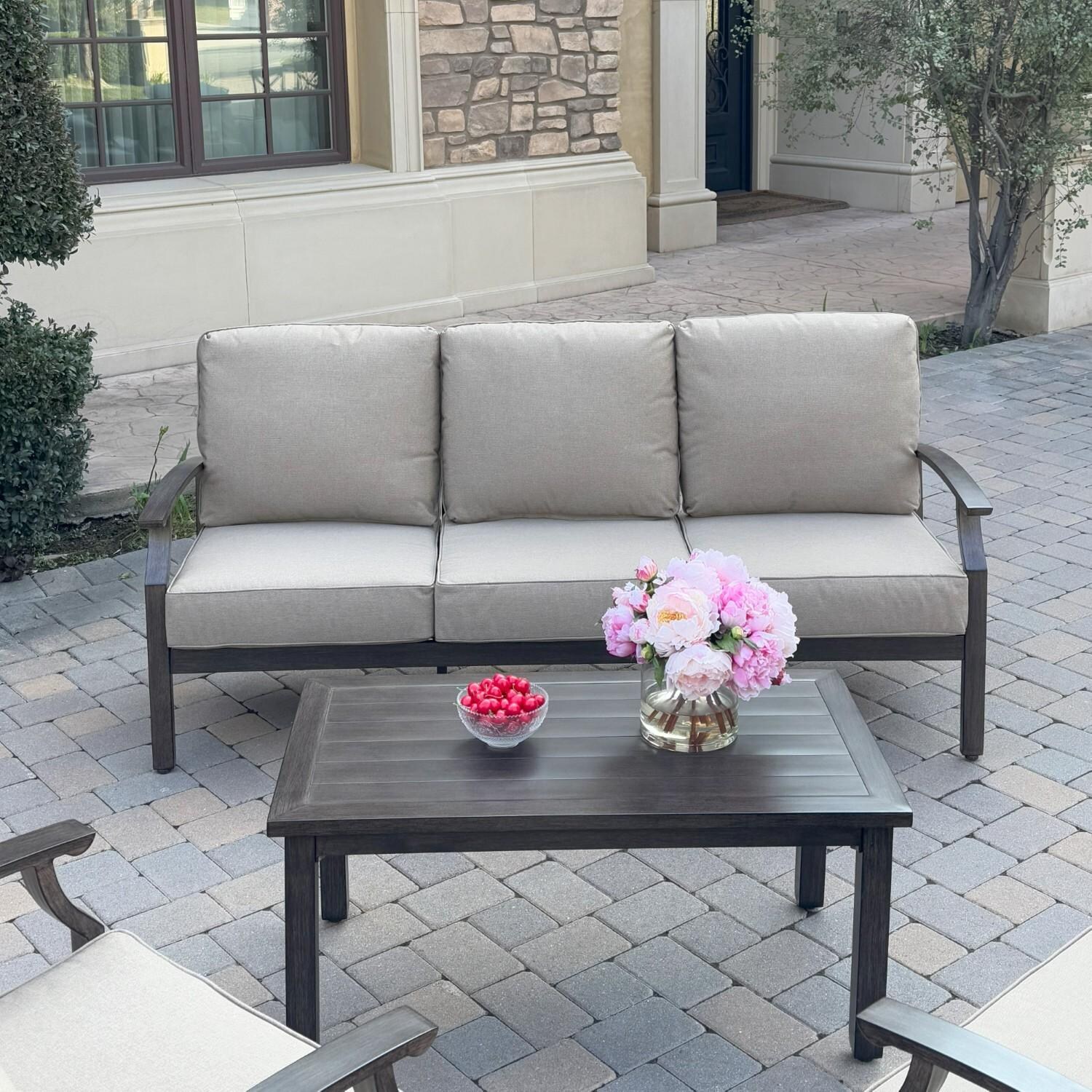 Atlantis 4 Pc Aluminum Seating Set w/ Sofa & 2 Club Chairs in Walnut/Beige by Darlee - Sofa & Table - Lifestyle thumbnail