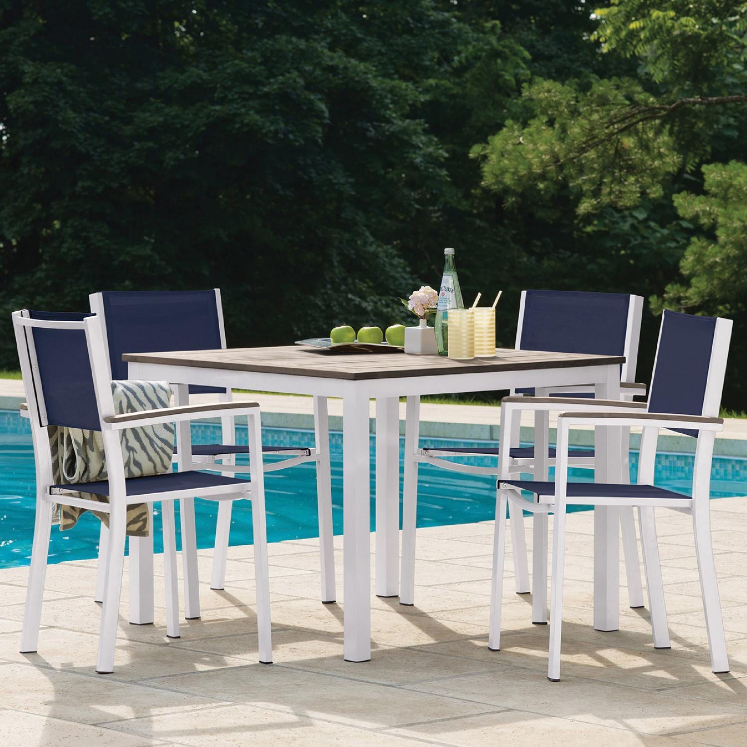 Oxford Garden Travira 4 Pc Composite Sling & Aluminum Dining Chair W/ Vintage Tekwood Arm Caps in Chalk/Ink Pen - Poolside Dining thumbnail
