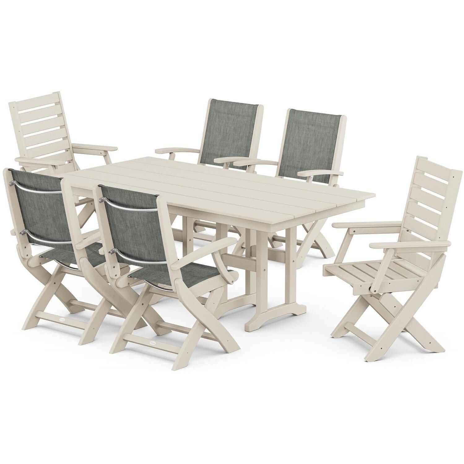 POLYWOOD x BBQGuys Creekside 7 Pc Recycled Plastic Dining Set W/ Birch Sling in Sand