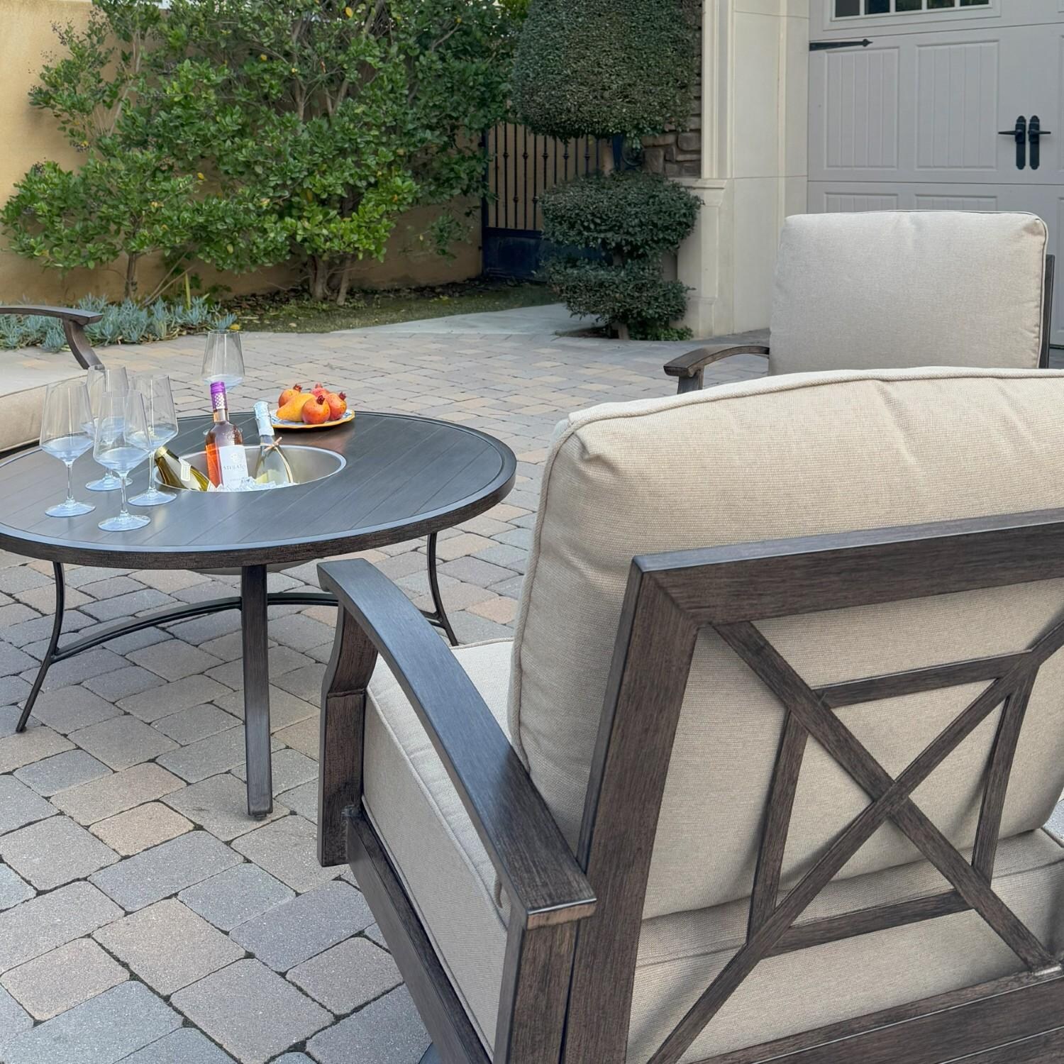 Atlantis 4 Pc Aluminum Seating Set w/ Sofa, 2 Swivel Rocker Club Chairs & Ice Bucket in Walnut/Beige by Darlee - Chair At Table - Lifestyle thumbnail