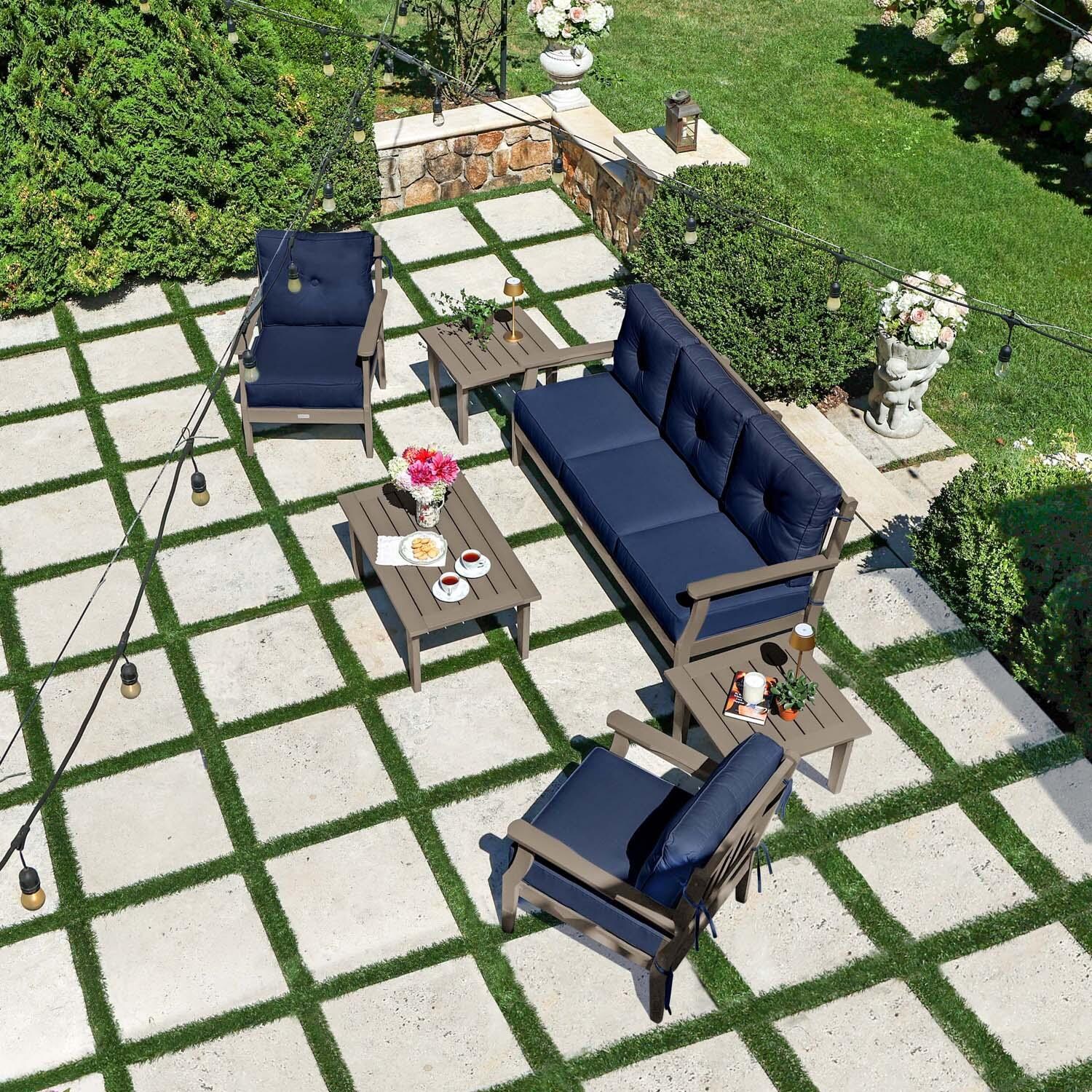 Blushing Bay 6 Pc Recycled Plastic Seating Set w/ Sofa in Spectrum Indigo/Woodland Brown by Lakeview Outdoor Designs - Top View - Lifestyle thumbnail