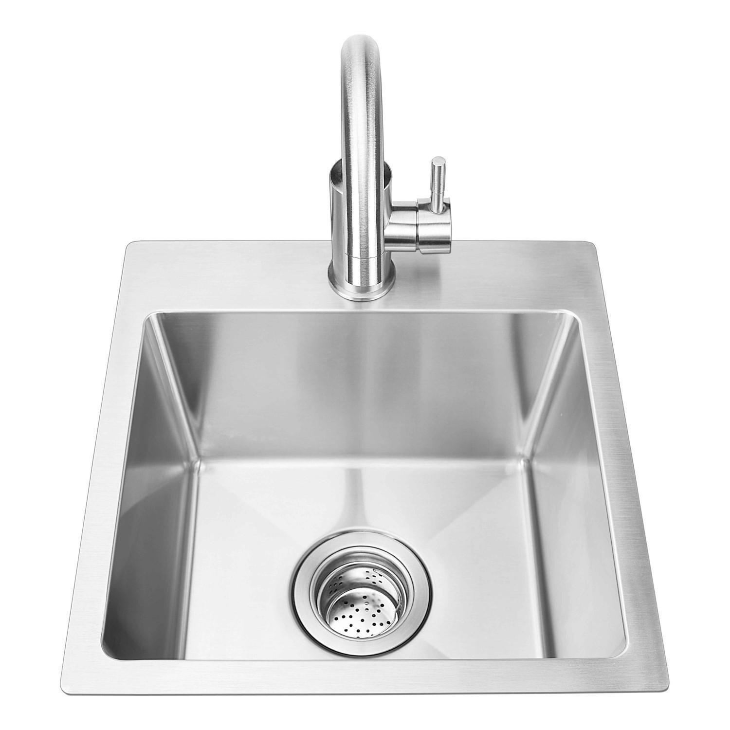 Bull 12515 Large Stainless Steel Sink & Faucet All In one Kit - Under & Over Mount - Overhead Shot of Drain - White Background thumbnail