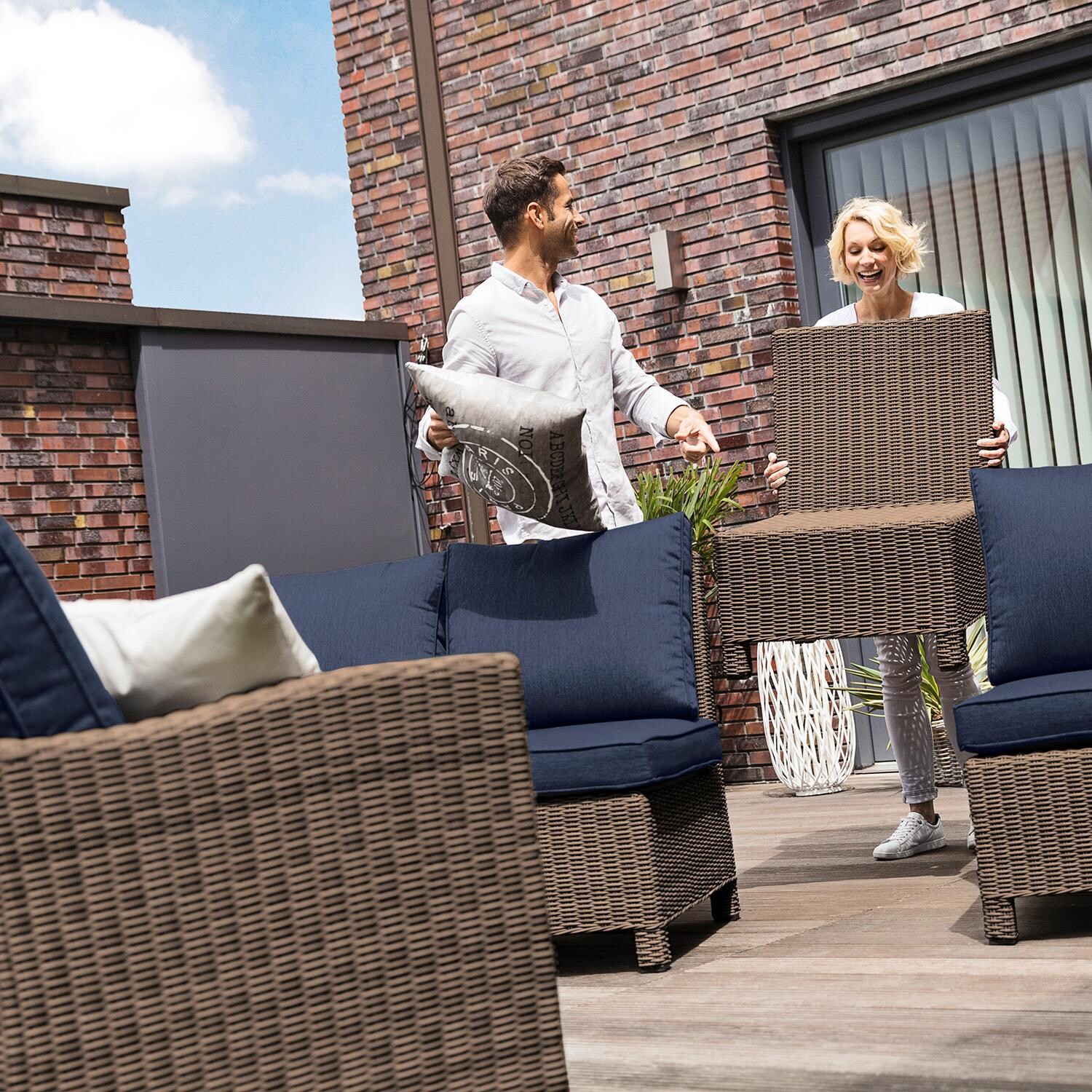 Palma 7 Pc Wicker Sectional Set in Rattan / Spectrum Indigo - Assembling Sectional - Lifestyle thumbnail