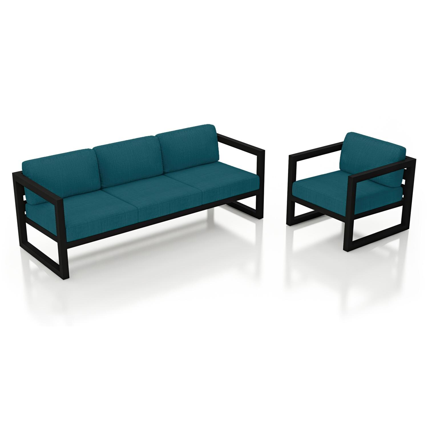 Lakeview MSTYCV-BK-2SS-PC Misty Cove 2 Pc Aluminum Seating Set in Black w/Spectrum Peacock by Lakeview Outdoor Designs - Set Angled View - White Background thumbnail
