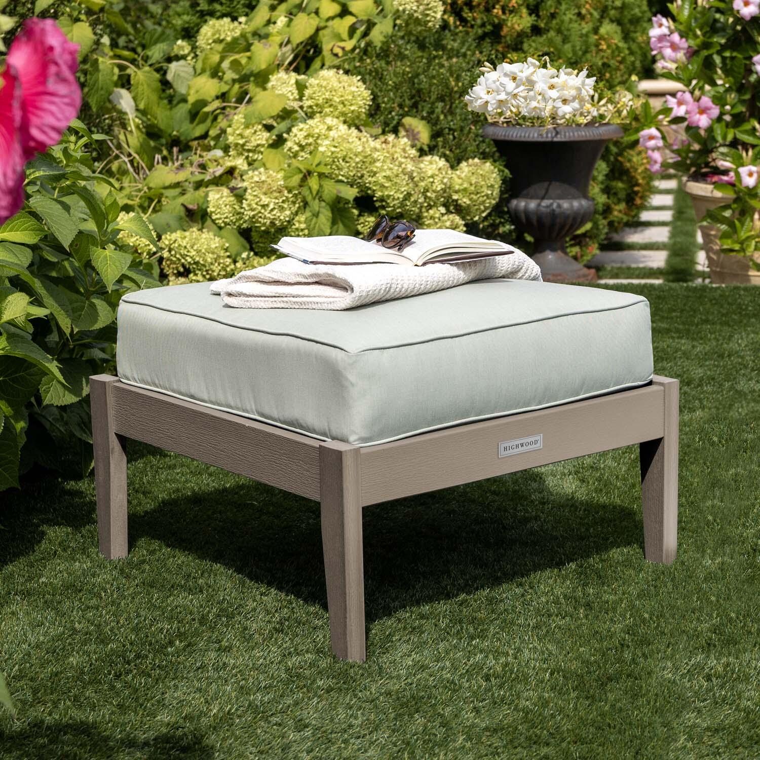Blushing Bay Recycled Plastic Ottoman in Canvas Seasalt/Woodland Brown by Lakeview Outdoor Designs