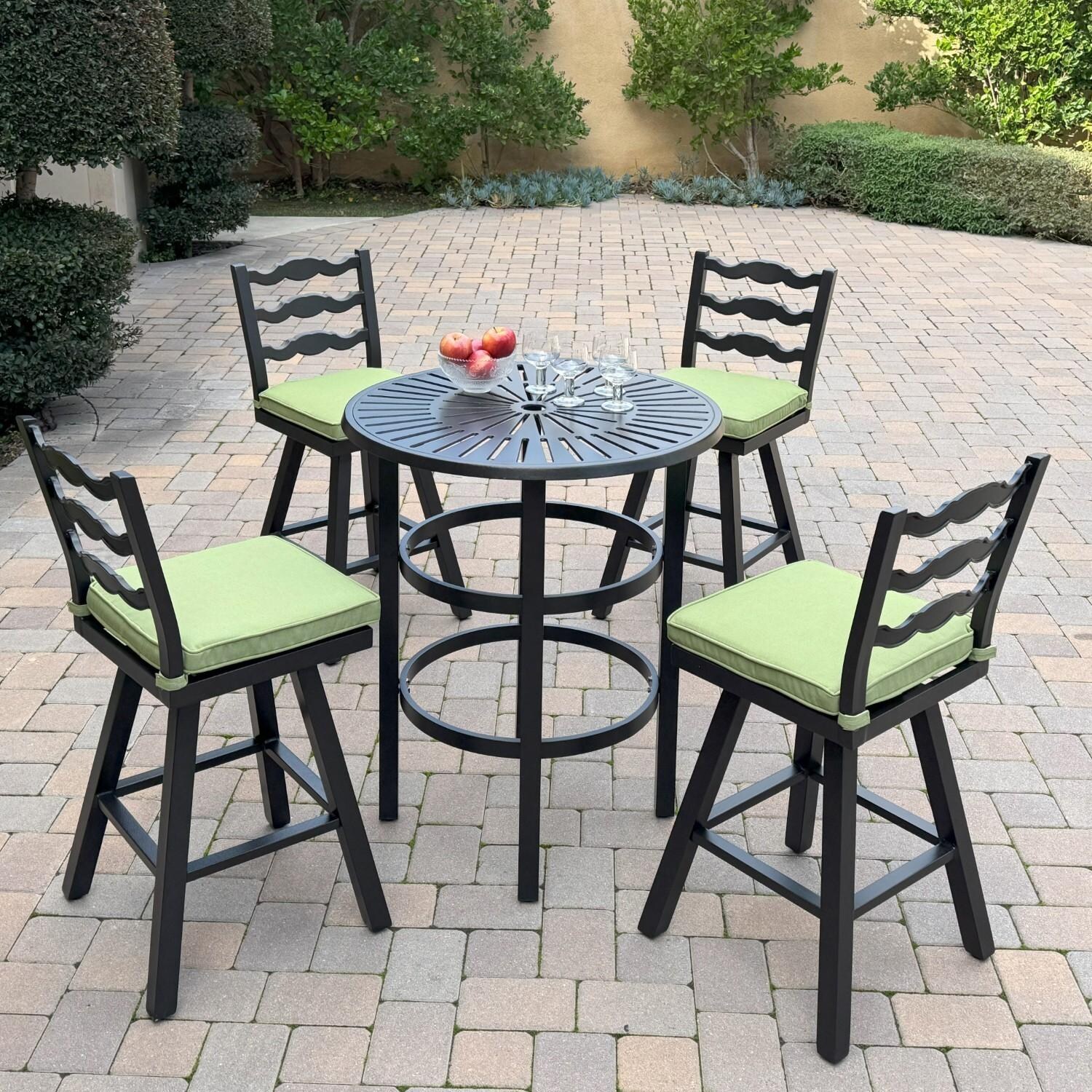 Aspen 4 Pc Aluminum Swivel Counter Height Bar Stool Set in Green/Dark Brown by Darlee - Shown w/ Side Table (Not Included) - Lifestyle thumbnail