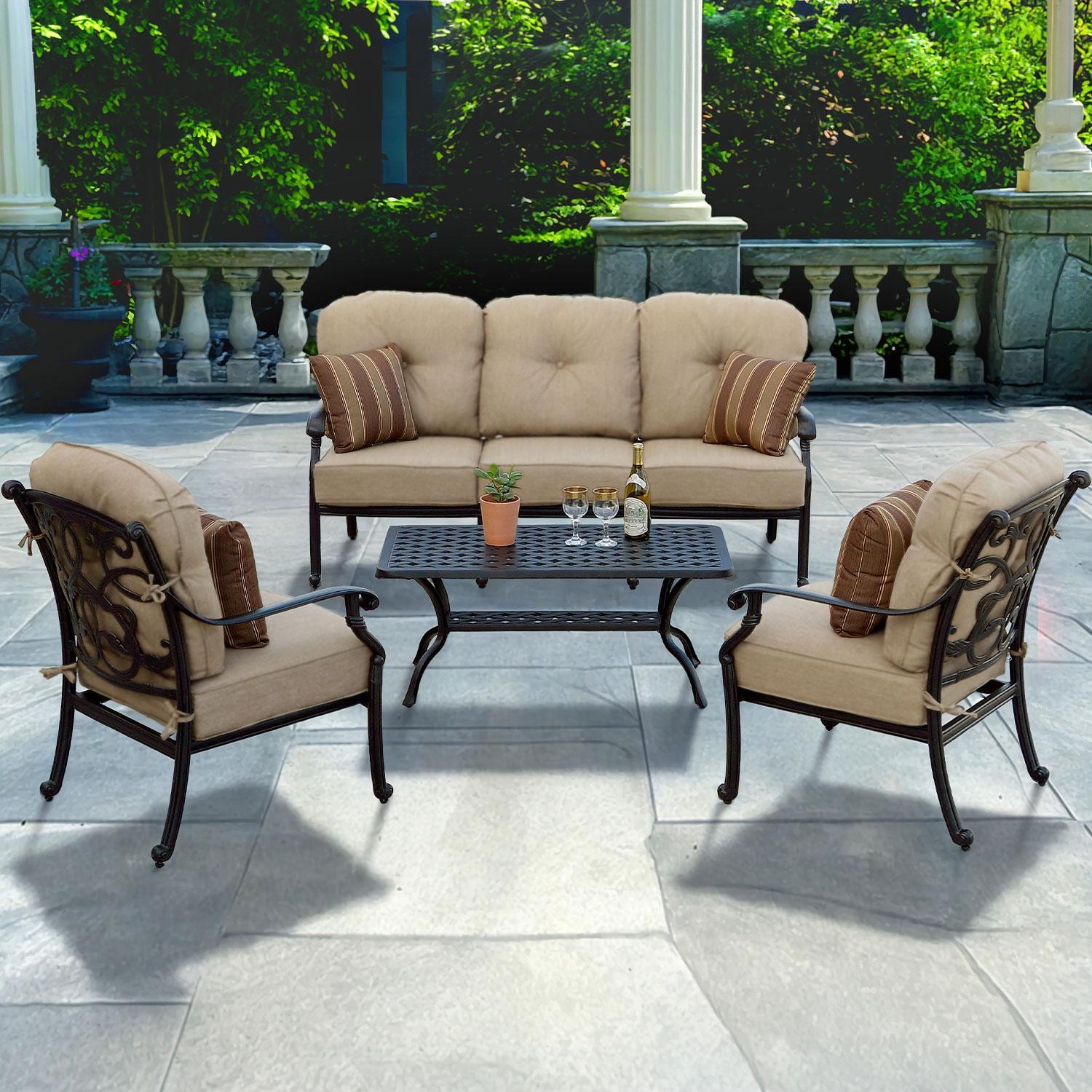 Darlee Santa Monica 4 Pc Cast Aluminum Seating Set w/ 42 X 21 Inch Table & Throw Pillows in Antique Bronze/Beige Canvas by - B/DL2058-4PCS-30BSP