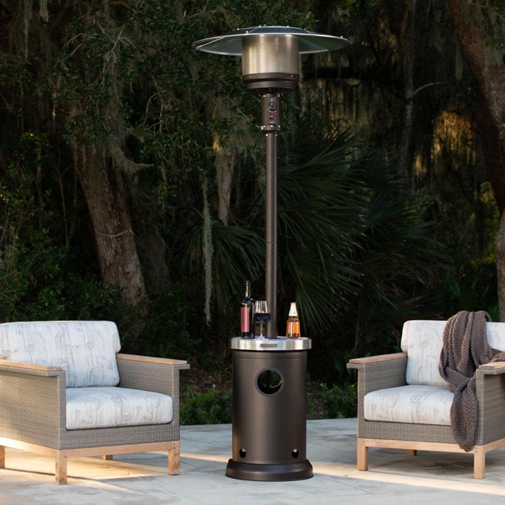 Ultimate Patio SC65264 48,000 BTU Propane Outdoor Patio Heater w/ Table - Mocha - On the Patio with Drinks - Lifestyle thumbnail