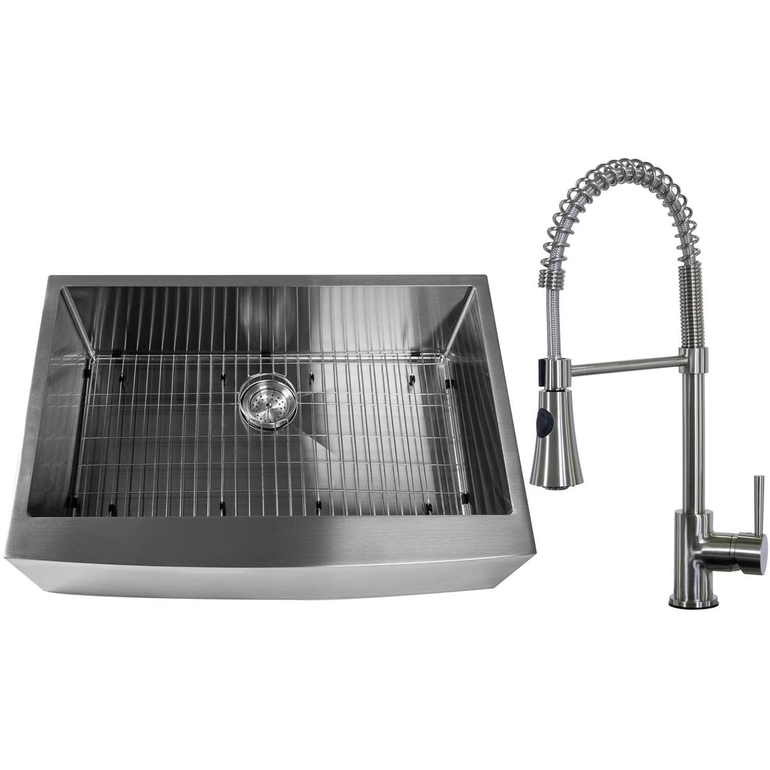 BBQGuys Signature 33 X 22 Outdoor Rated Stainless Steel Farmhouse Sink W/ Pull-Down Coil Spring Hot/Cold Faucet, Sink Grid, & Strainer - BBQ-AP3322S-RD