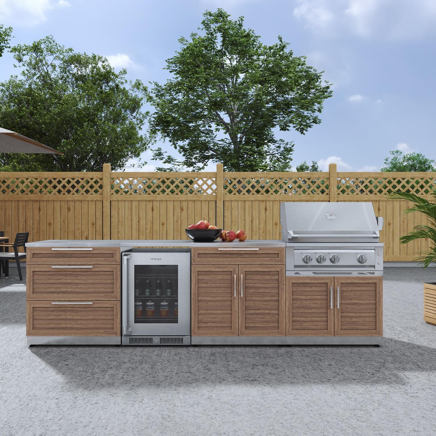 NewAge Products 67916 Classic Series 10 Ft Outdoor Kitchen Island w/ 33-in Natural Gas Grill, Glass Door Refrigerator, Trash Bin, Door & Drawer in Grove/Stainless Steel - On Patio - Lifestyle thumbnail