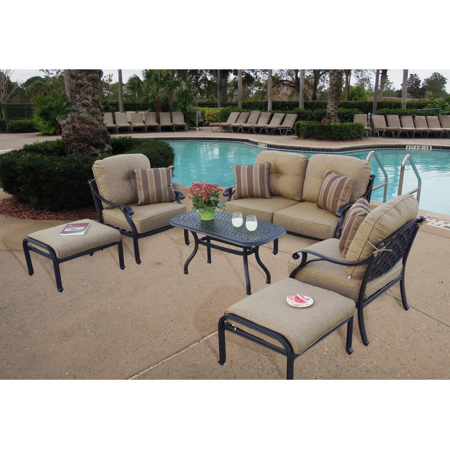 Darlee DL603-6PC-60BP Nassau 6 Piece Cast Aluminum Patio Conversation Set W/ 42 X 21 Inch Coffee Table & Sesame Cushions - Lifestyle thumbnail