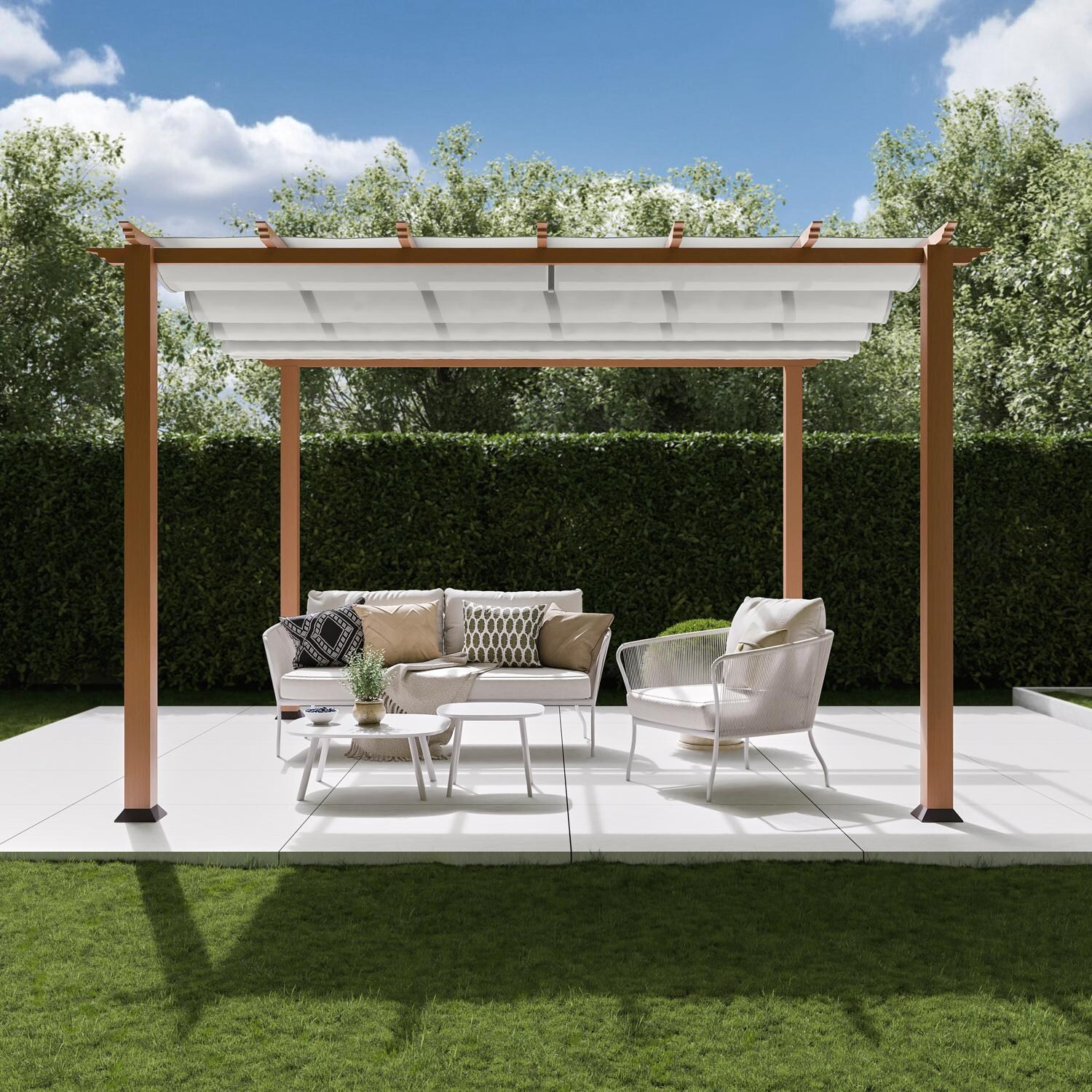Paragon Outdoor PR11WD1W Florence 11' x 11' Cedar Pergola w/ White Canopy - Side - Lifestyle thumbnail