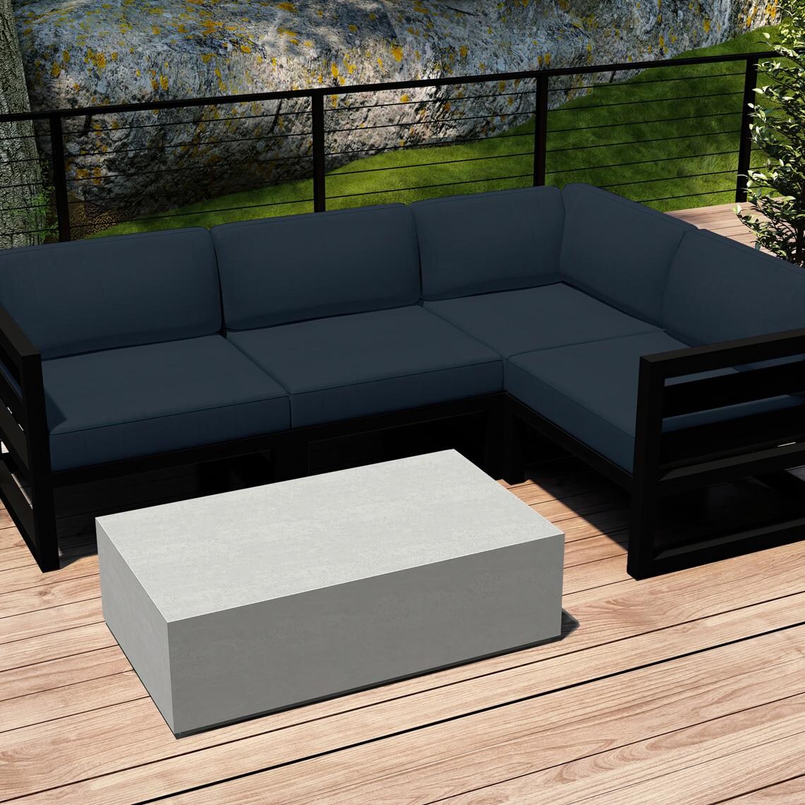 Lakeview MSTYMAS-BK-5SEC-IN Misty Cove 5 Pc Aluminum Sectional Set in Black w/Coffee Table & Spectrum Indigo Cushions by Lakeview Outdoor Designs - Set Outside Cropped - Lifestyle thumbnail