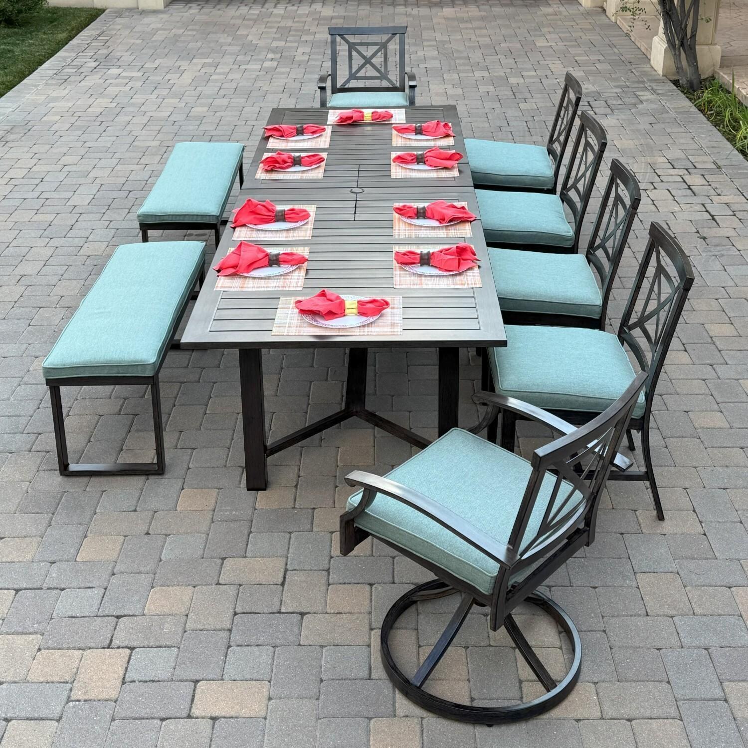 Atlantis 9 Pc Aluminum Dining Set w/ 4 Dining Side Chairs, 2 Swivel Rocker Dining Arm Chairs, 2 Two Person Benches & Extension Table in Walnut/Spa by Darlee - On Patio - Lifestyle thumbnail