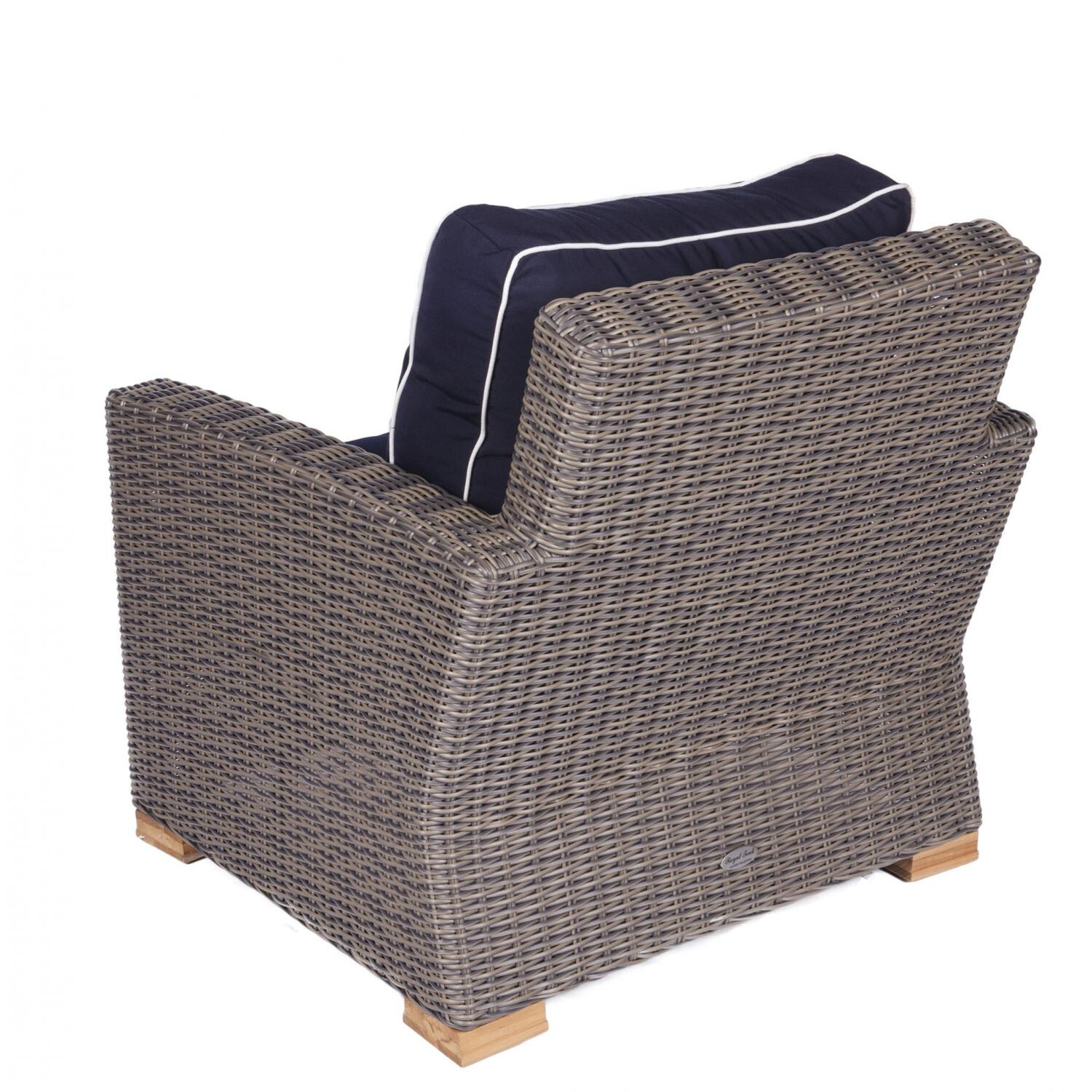 Royal Teak Collection Sanibel Wicker Patio Club Chair W/ Sunbrella Canvas Navy Cushions - Back View thumbnail