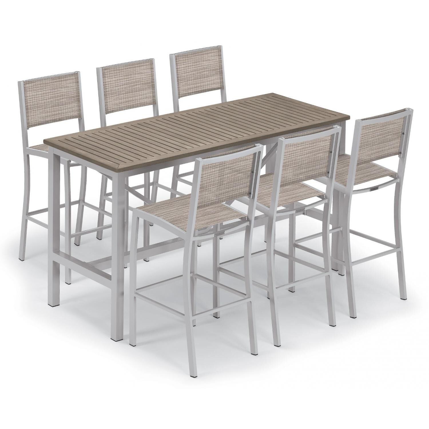 Travira 7 Piece Aluminum Patio Bar Set W/ 72 X 30 Inch Rectangular Table and Tekwood Vintage Tabletop By Oxford Garden - Bellows Sling thumbnail