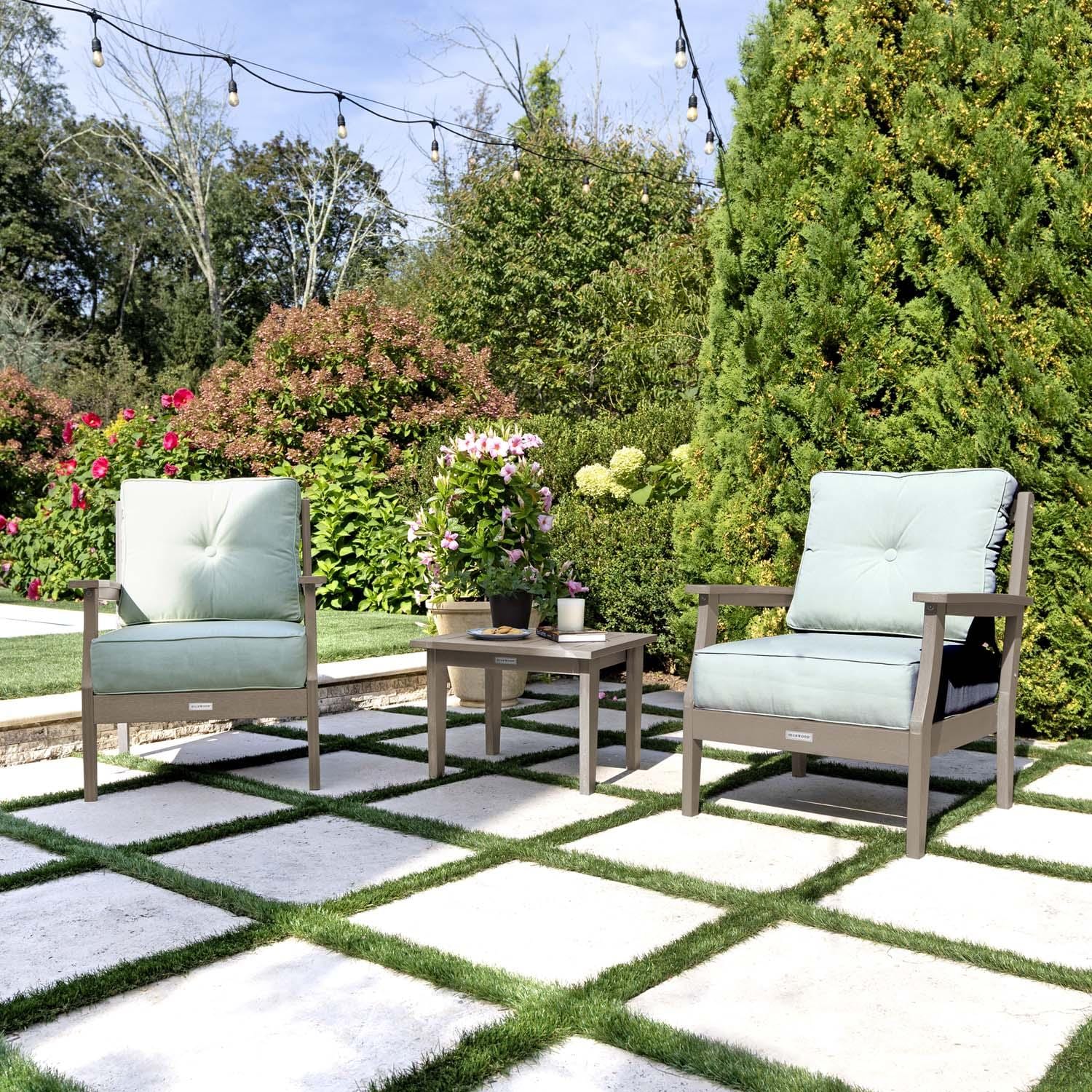 Blushing Bay 3 Pc Recycled Plastic Seating Set in Canvas Seasalt/Woodland Brown by Lakeview Outdoor Designs - Angled Right - Lifestyle thumbnail