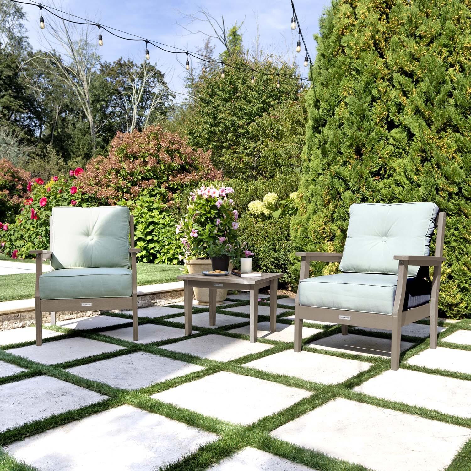 Blushing Bay 3 Pc Recycled Plastic Seating Set in Canvas Seasalt/Woodland Brown by Lakeview Outdoor Designs - Angled Right - Lifestyle thumbnail