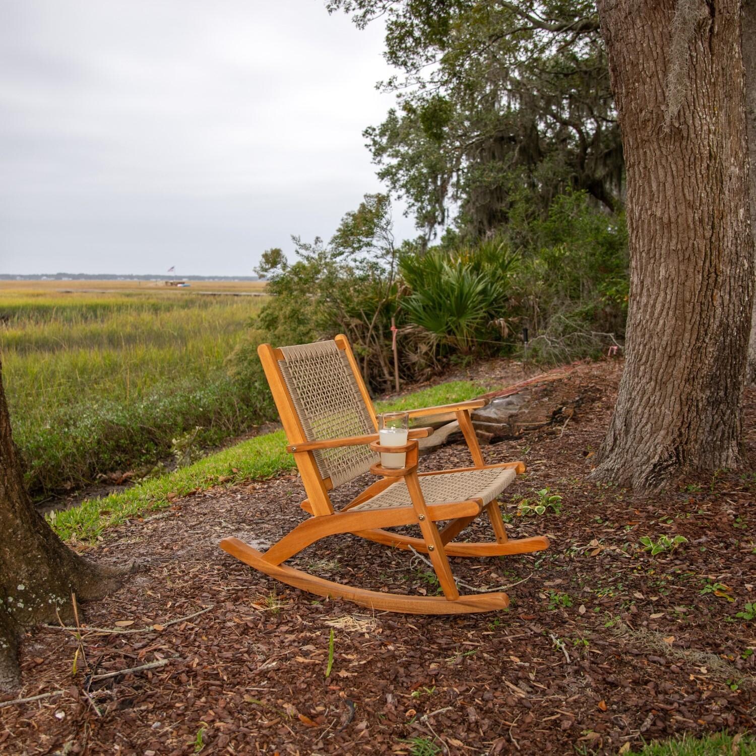Crewview Outdoor Rocking Chair with Beverage Holder by Ultimate Patio - By Tree - Lifestyle thumbnail