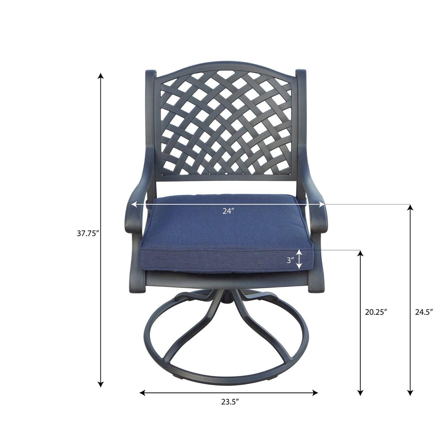 Nassau 7 Pc Cast Aluminum Patio Dining Set W/ 2 Swivel Rockers & Navy Blue Cushions By Darlee - Swivel Dining Chair - Dimensions - Diagram