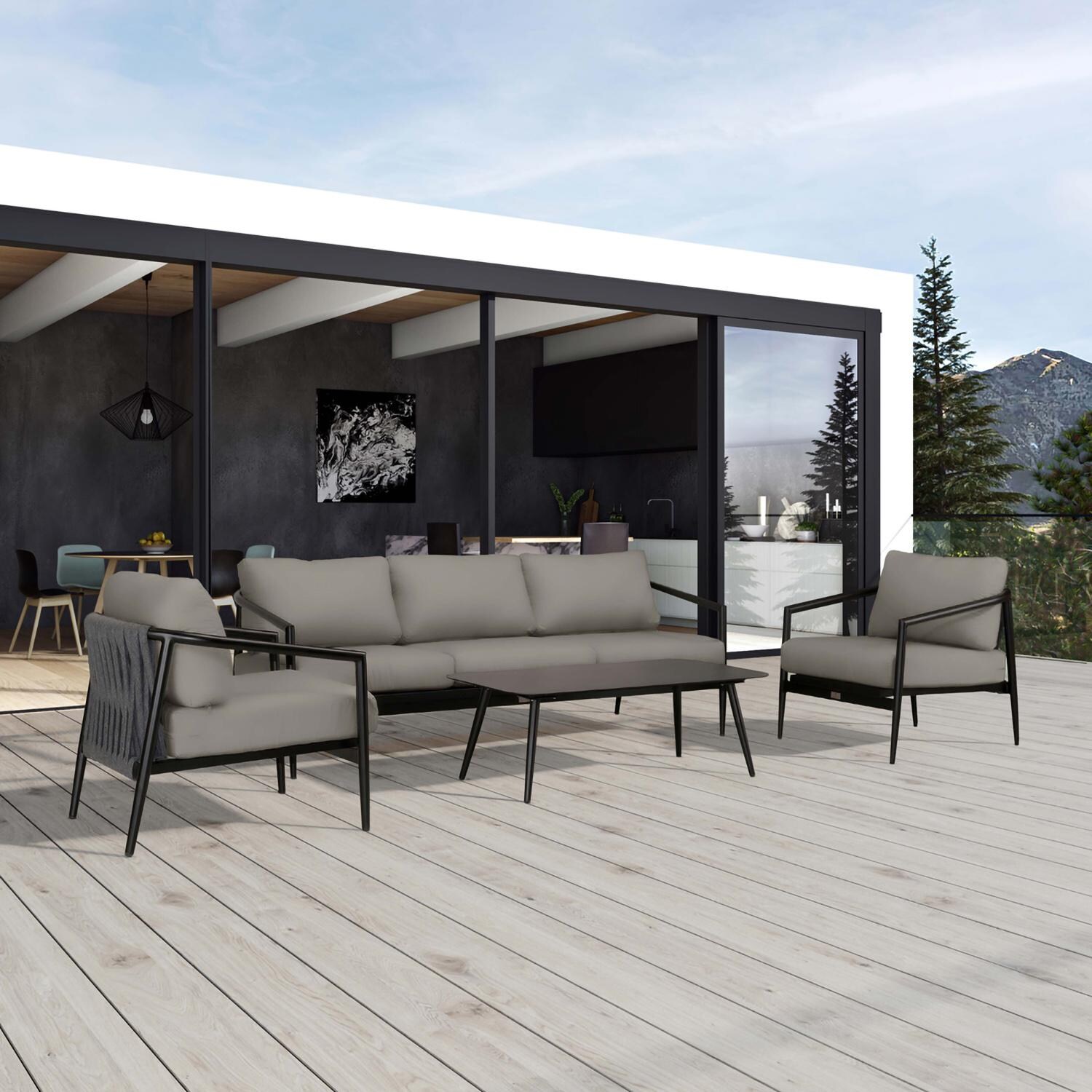 Lakeview Midnight Cove 4 Pc Aluminum Sofa Seating Set in Black/Carbon/Canvas Charcoal - Detail - Lifestyle thumbnail