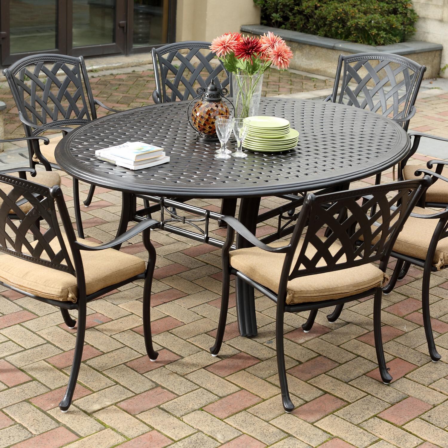 Darlee 201630-9PC-99LD Ocean View 9 Piece Cast Aluminum Patio Dining Set W/ 71 Inch Round Table & Sesame Cushions thumbnail