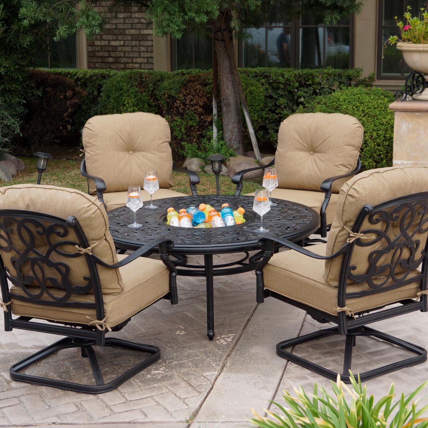 Darlee DL2056-5PCR-80Q Santa Monica 5 Piece Cast Aluminum Patio Conversation Swivel Club Chair Seating Set W/ Ice Bucket Insert & Sesame Cushions thumbnail