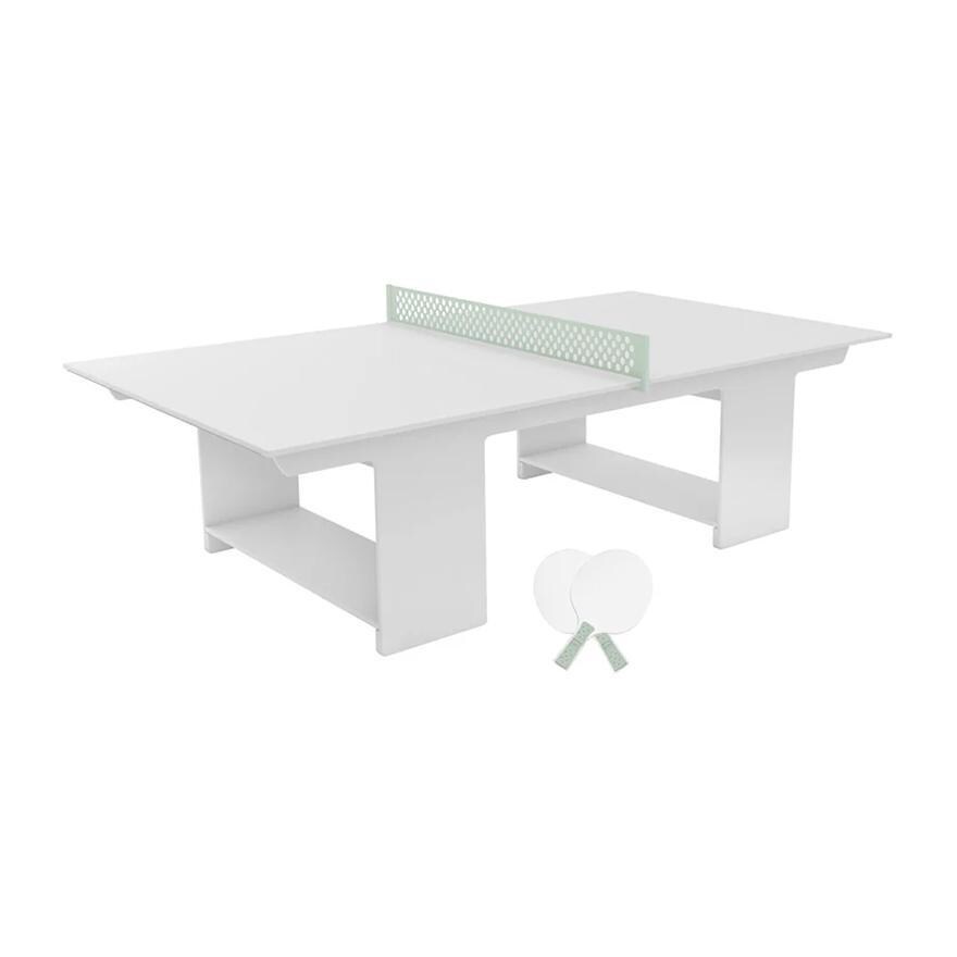 Ledge Lounger Ping Pong Table - White w/Sage Green Net & Paddle Accent - White Background thumbnail