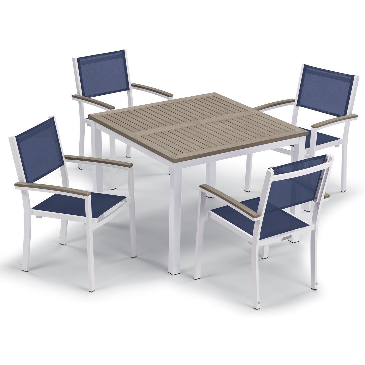 Oxford Garden Travira 5 Pc Composite Sling & Aluminum Dining Set W/ Vintage Tekwood Arm Caps & Table Top in Chalk/Ink Pen - Top View thumbnail