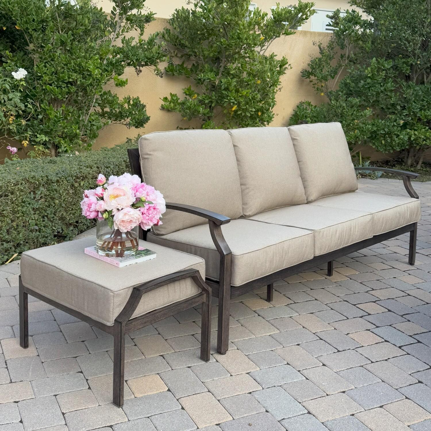 Atlantis 2 Pc Aluminum Ottoman Set in Walnut/Beige by Darlee - Shown w/ Sofa - Lifestyle thumbnail