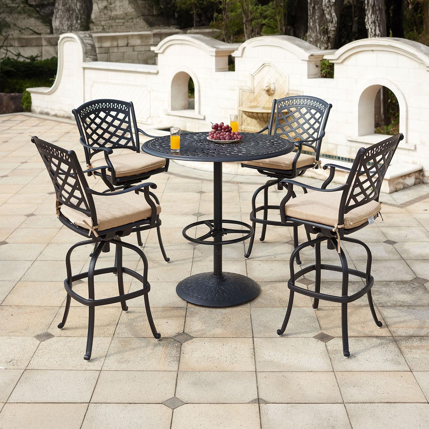 Sedona 5 Pc Cast Aluminum Bar Set w/ 42 Inch Round Series 60 Table in Antique Bronze/Beige Canvas by Darlee