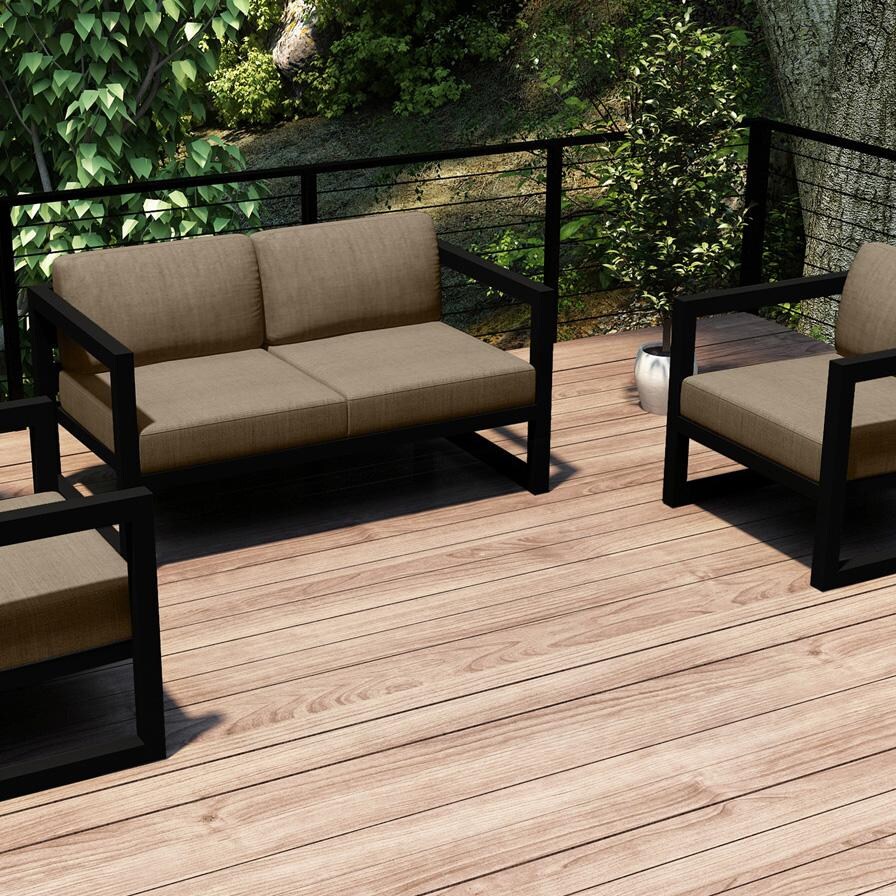 Lakeview MSTYCV-BK-3LSS-HB Misty Cove 3 Pc Aluminum Seating Set in Black w/Loveseat & Heather Beige Cushions by Lakeview Outdoor Designs - Set Outside Cropped - Lifestyle thumbnail