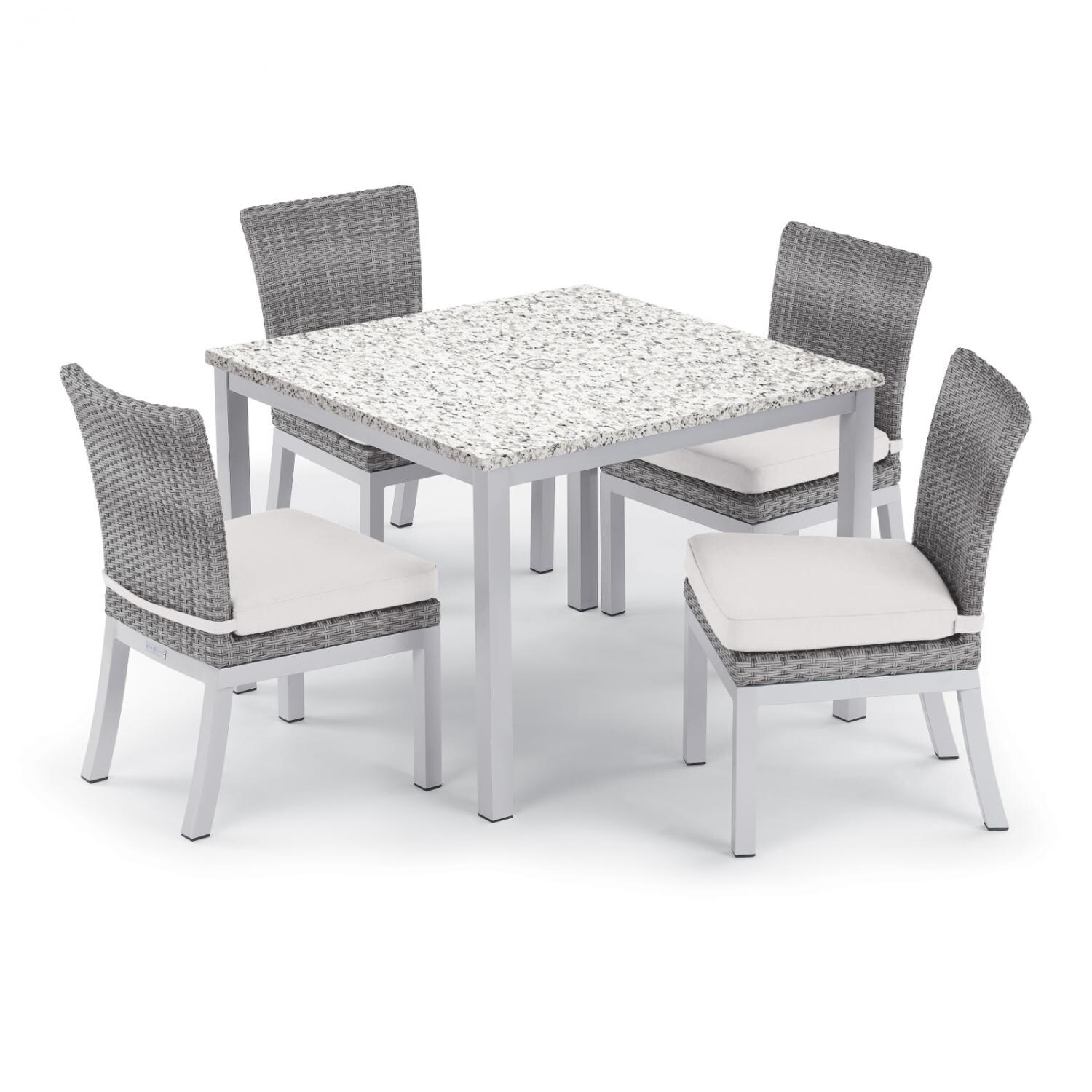 Argento 5 Piece Wicker Patio Dining Set W/ 39 Inch Square Lite-Core Ash Table, Side Chairs & Eggshell White Cushions thumbnail