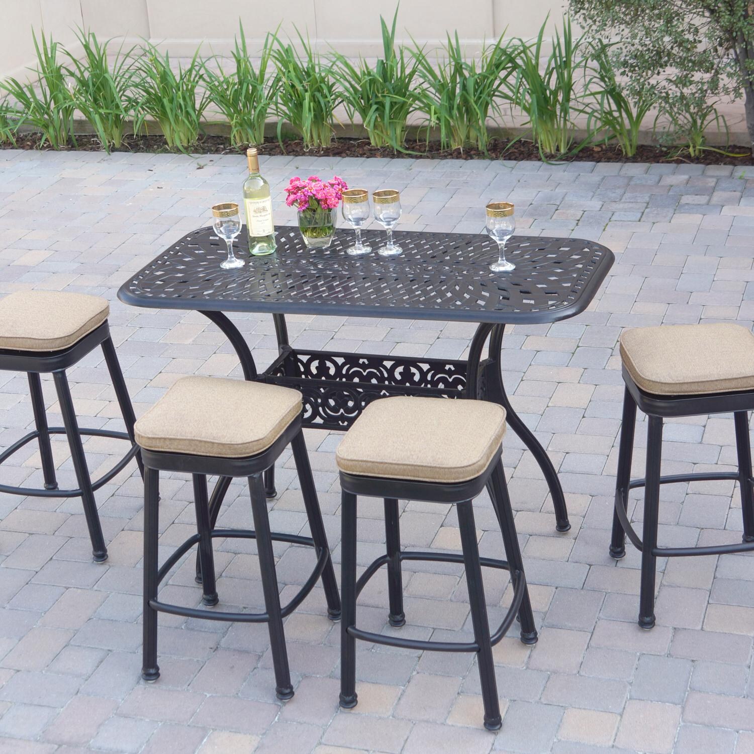 Darlee Classic 5 Piece Cast Aluminum Patio Backless Square Counter Height Bar Set W/ 52 X 26 Rectangular Table & Sesame Cushions image