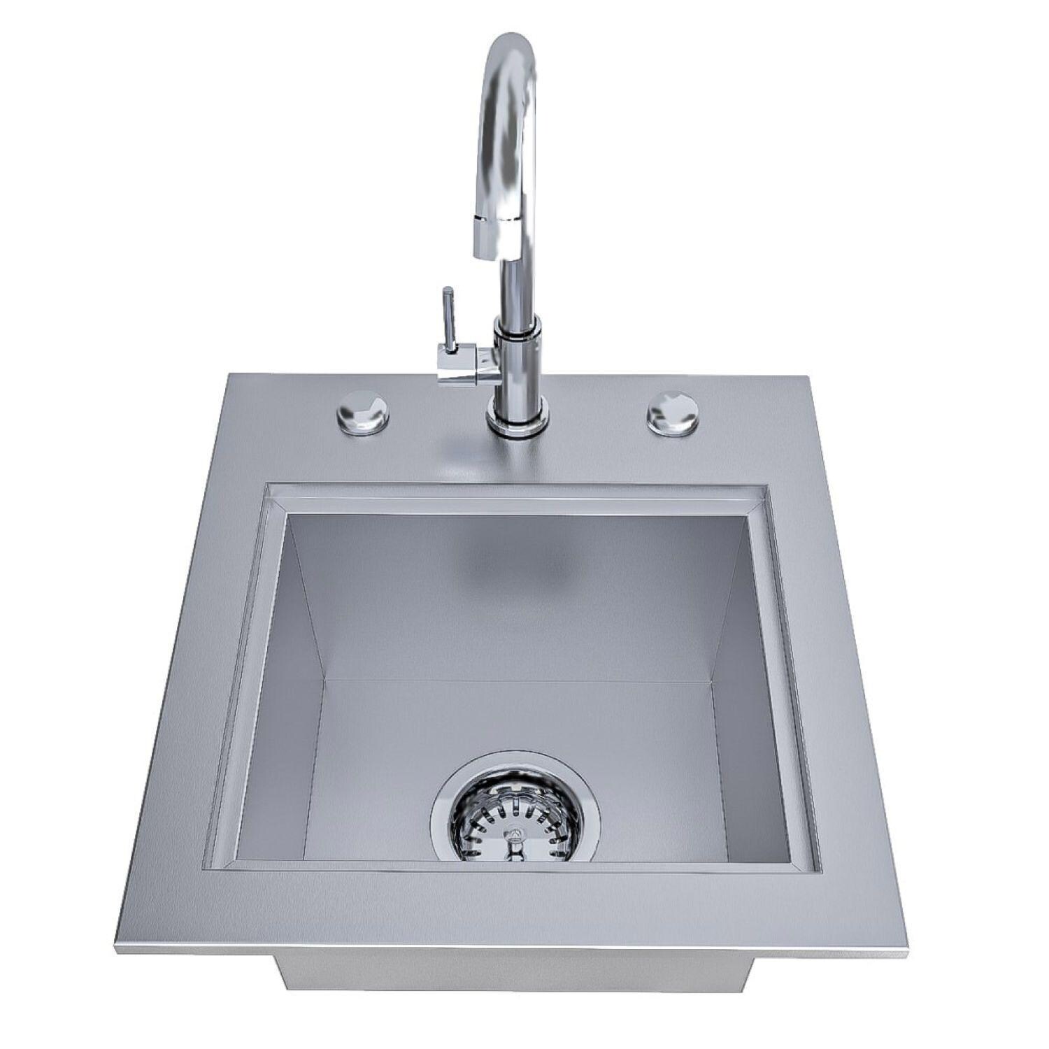 Sunstone TEX-15SK 15-in Texan Series Drop-In Bar Sink w/ Faucet & Basin Cover - Lid Removed - Top View - White Background thumbnail