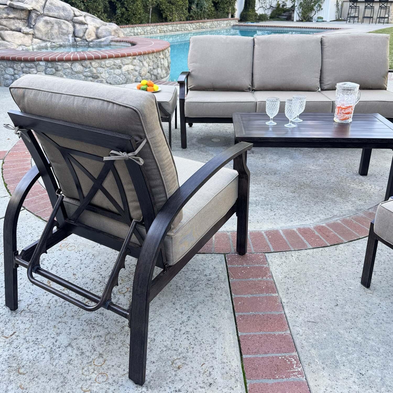 Atlantis 6 Pc Aluminum Seating Set w/ Rectangular Coffee Table in Walnut/Beige by Darlee - Close Up - Lifestyle thumbnail