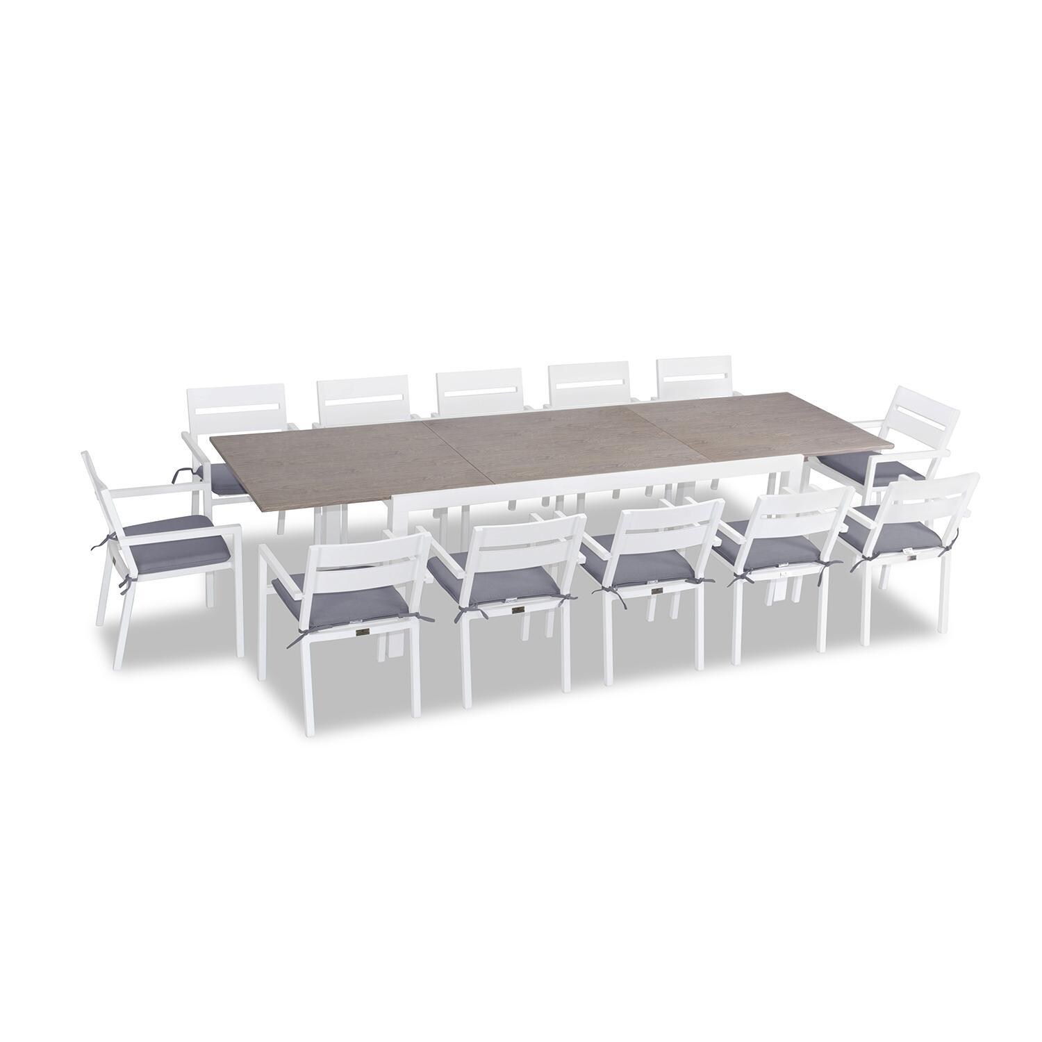 Calm Bay 13 Pc Extendable Aluminum Dining Set in White/Barnwood/Canvas Charcoal by Lakeview Outdoor Designs