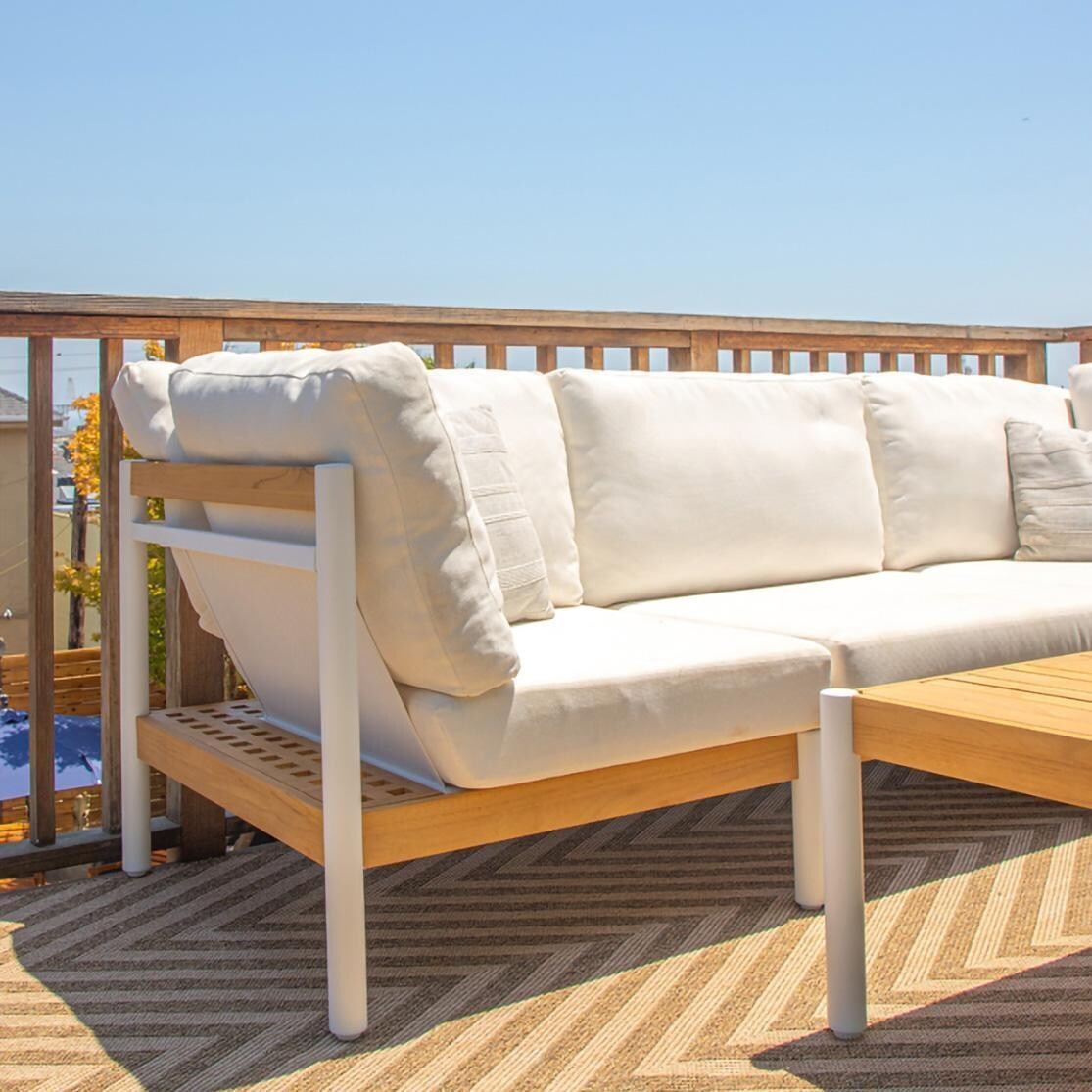 Carolton 6 Pc Aluminum Seating Set in White & Wood By Lakeview Outdoor Designs - Back of the Chair - Lifestyle thumbnail