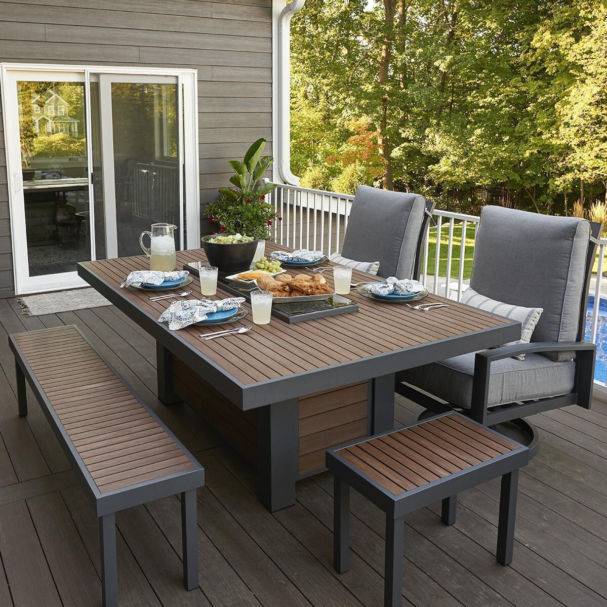 Revere 5 Pc Cast Aluminum Natural Gas Fire Pit Dining Set in Brown by Lakeview Outdoor Designs (Ships Propane w/ Conversion Kit) - On Patiio w/ Burner Cover - Lifestyle thumbnail