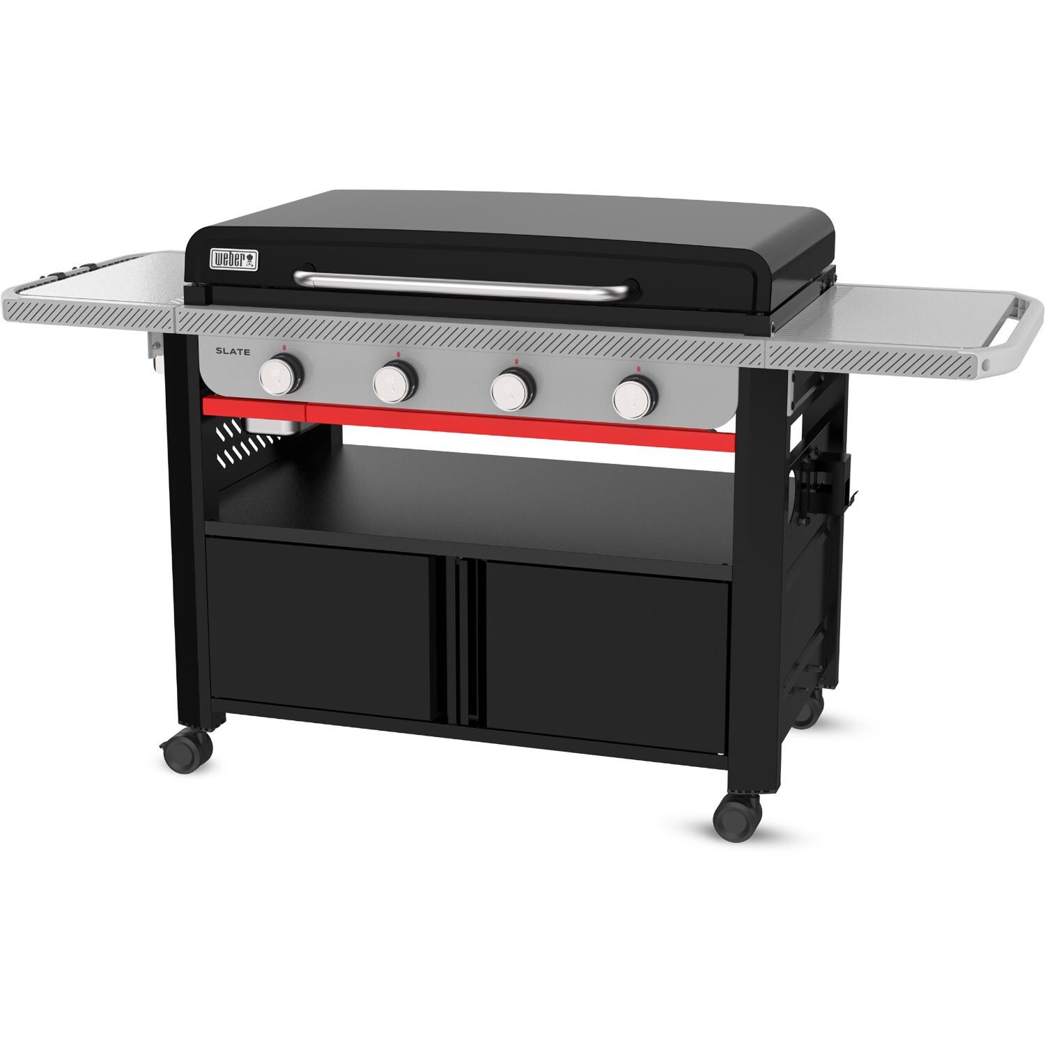 Weber Grills 1502283 Slate 36-in 4 Burner Propane Rust-Resistant Griddle w/ Closed Cabinet - Black - Angled Left Closed - White Background thumbnail