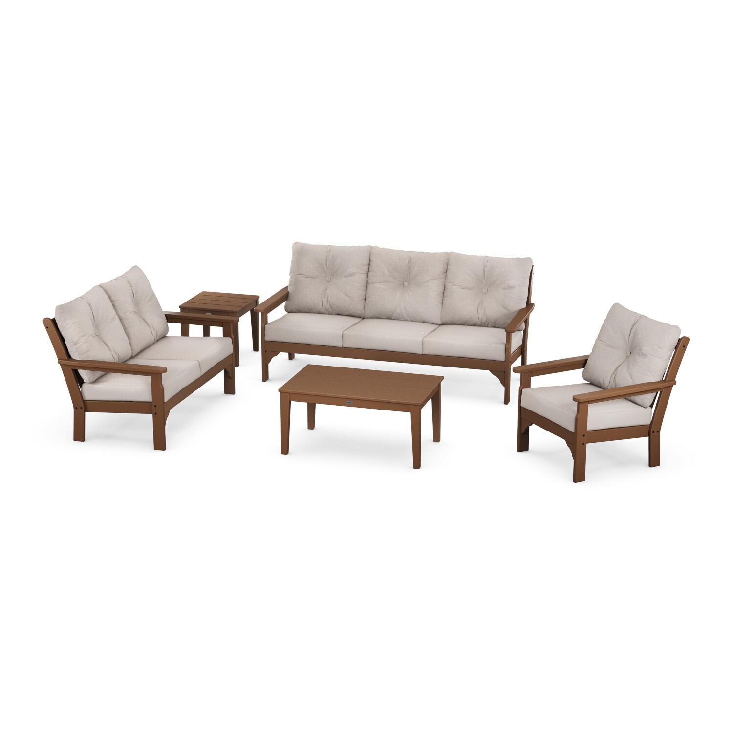 POLYWOOD Vineyard 5-Piece Deep Seating Set w/ Sofa - Teak / Dune Burlap