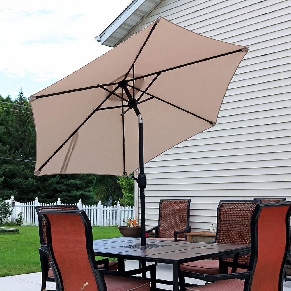 Ultimate Patio 7.5 Ft. Octagonal Aluminum Patio Umbrella W/ Crank & Tilt - Beige - Tilted Lifestyle View thumbnail