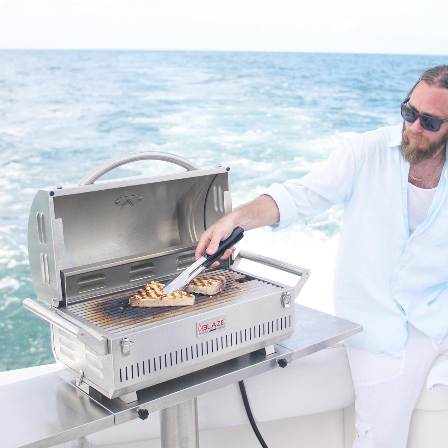 Blaze Professional LUX BLZ-1PRO-PRTMG-LP Marine Grade Portable Propane Gas Grill On Pedestal With Side Shelves - Grilling On The Water thumbnail