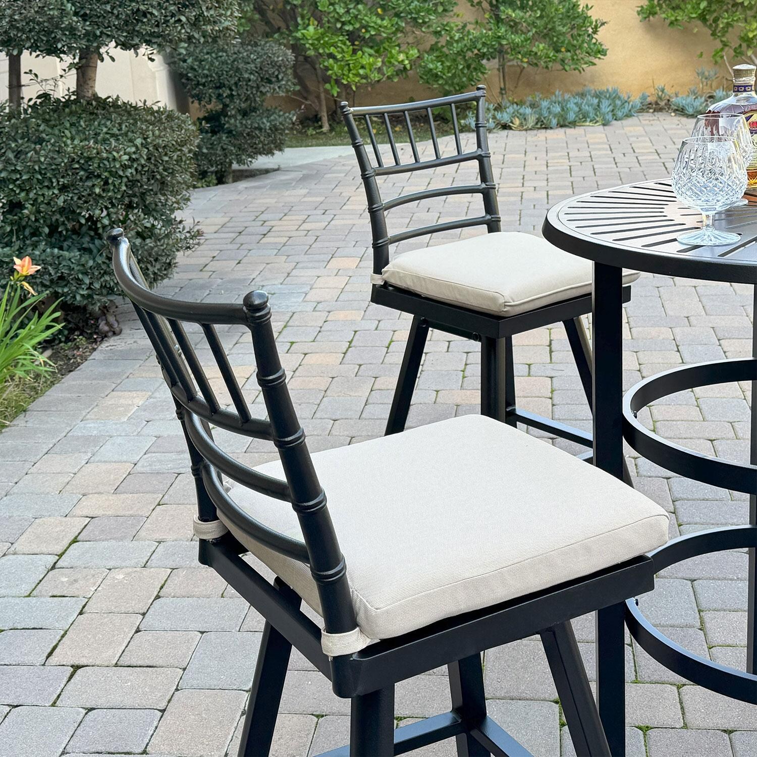 Bella Aluminum 3 Pc Patio Bar Set w/ 30-in Round Counter Height Bar Table in Beige by Darlee - Bar Stools w/ Bar Set - Lifestyle thumbnail