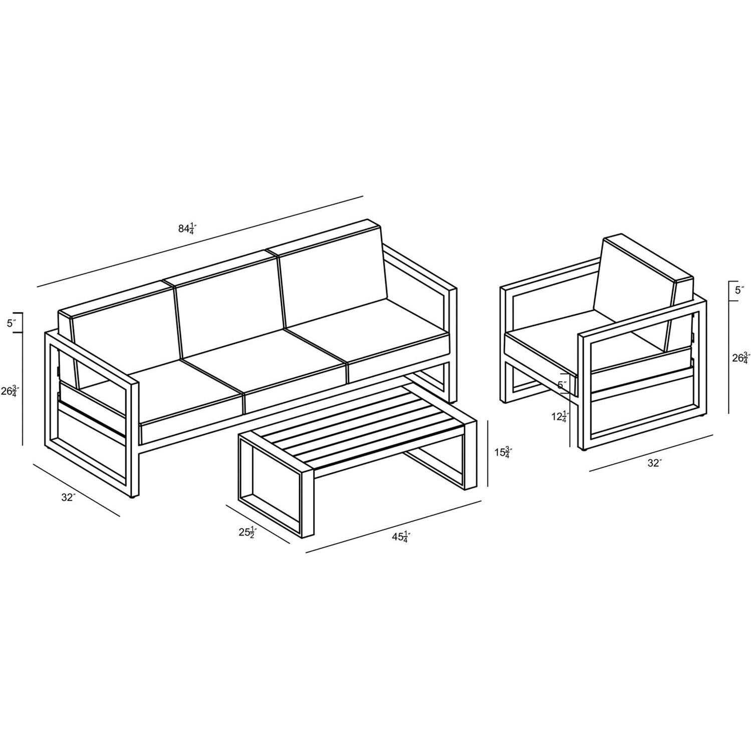 Lakeview MSTYCV-BK-3SS-IN Misty Cove 3 Pc Aluminum Seating Set in Black w/Portal Coffee Table & Spectrum Indigo Cushions by Lakeview Outdoor Designs - Line Drawing - Dimensional thumbnail