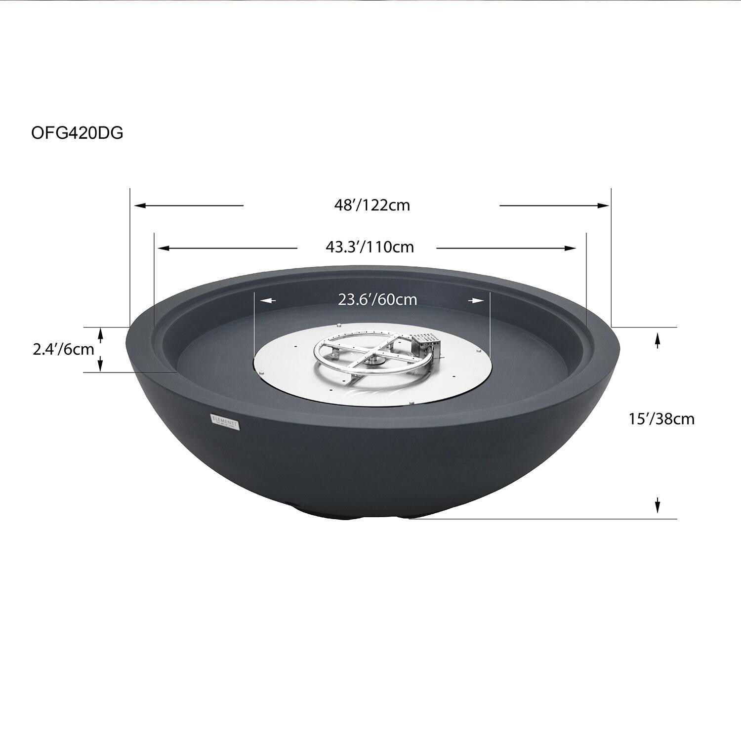 Elementi OFG420DG-LP Rose Bowl 48-in Liquid Propane Concrete Fire Pit in Dark Grey - Dimensional thumbnail
