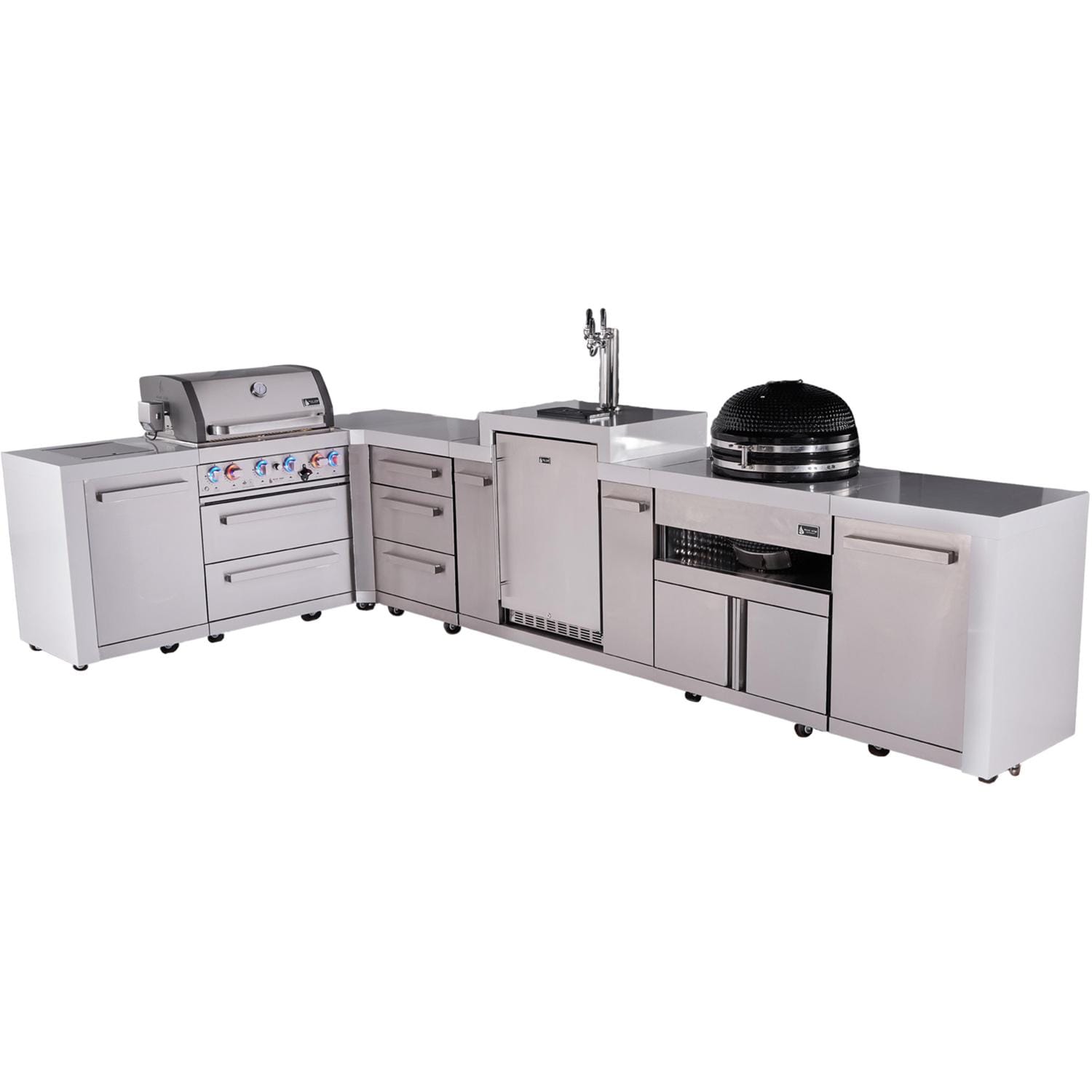 Mont Alpi Deluxe Series 13 Ft Propane Outdoor Kitchen Island w/ 32-in Grill, Side Burner, Kegerator, Kamado Module & Triple Drawer - MAi400-D90KEGKAMDR