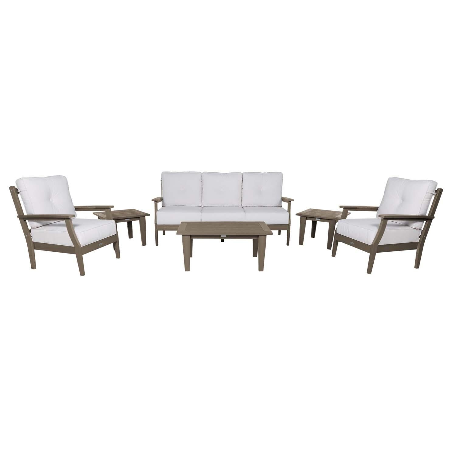 Blushing Bay 6 Pc Recycled Plastic Seating Set w/ Sofa in Bliss Linen/Woodland Brown by Lakeview Outdoor Designs - White Background thumbnail