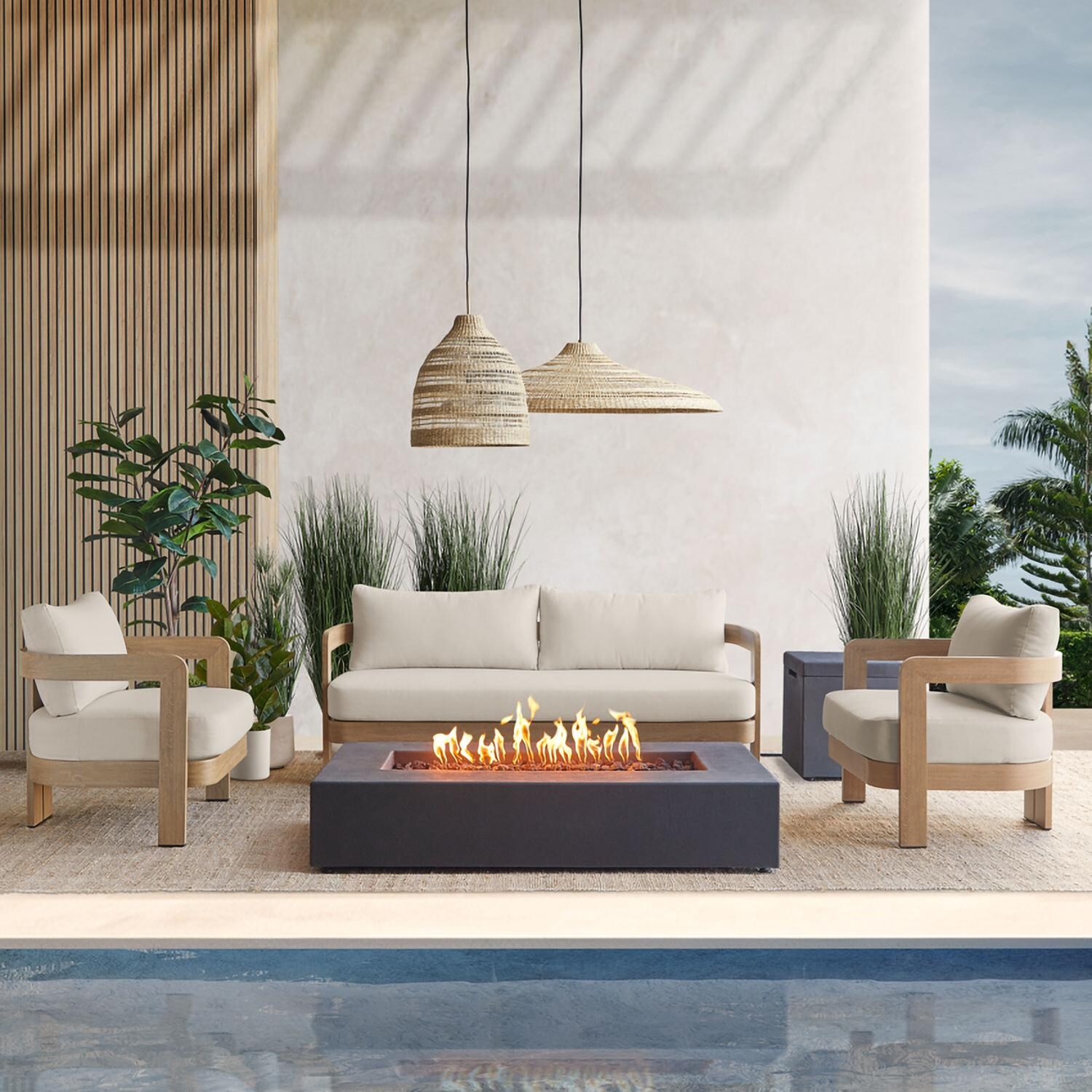 Lakeview Outdoor Designs SC13096-WDLK Bocage 3 Person Metal Outdoor Sofa in Weathered Lakewood w/ Cushions - By the Fire - Lifestyle thumbnail