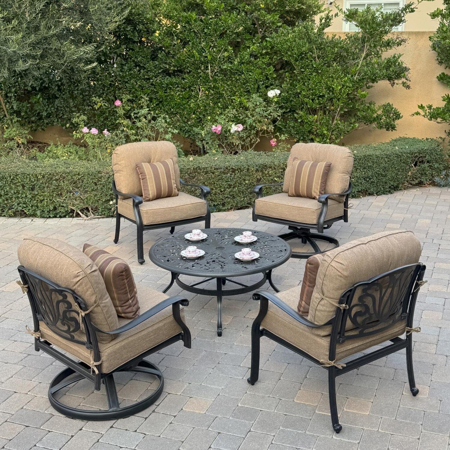 Elisabeth 5 Pc Set Cast Aluminum Seating Set w/ 42 Inch Round Table w/ 2 Swivel Club Chairs and 2 Club Chairs in Sesame/Antique Bronze by Darlee - Hero - Lifestyle thumbnail